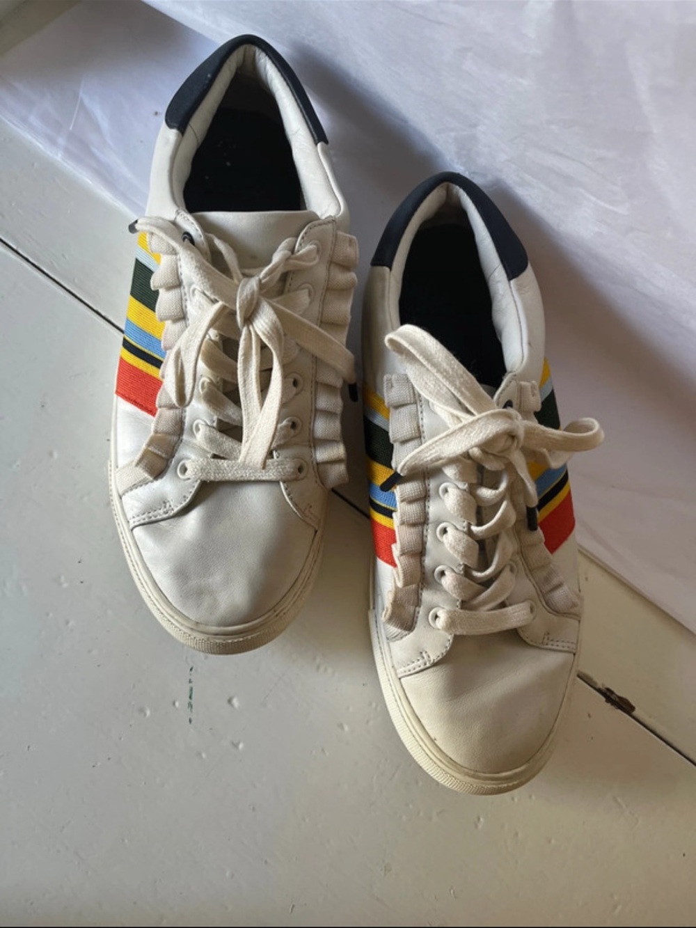 Tory Burch White Leather Sneakers with Red, Yellow, Green & Blue Stripes